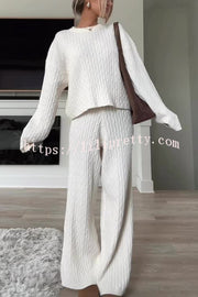 Autumn Travel Knit Cable Long Sleeve Sweater and Elastic High Waist Wide Leg Pants Set