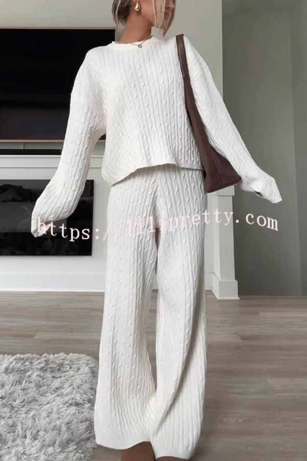 Autumn Travel Knit Cable Long Sleeve Sweater and Elastic High Waist Wide Leg Pants Set