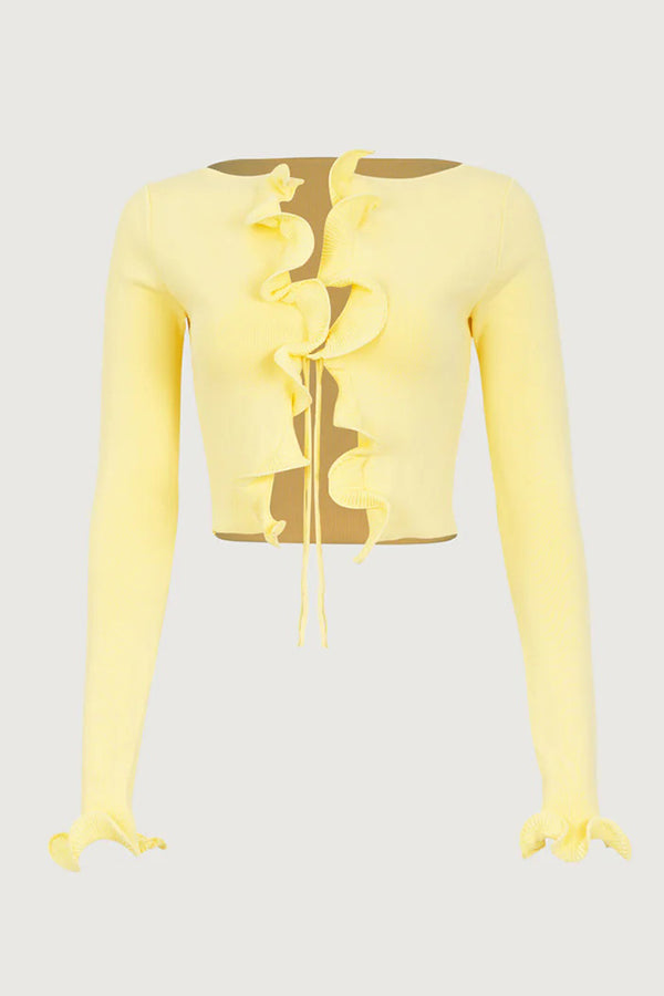 Fashion Ruffled Long-sleeved Tie-cropped Knitted Cardigan