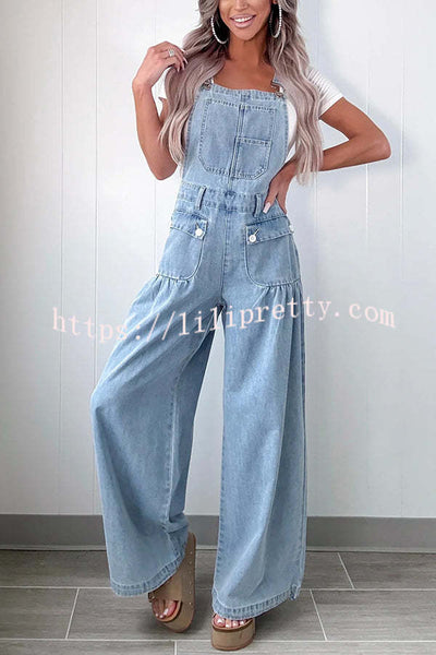 Fashion Casual Pocket Loose Wide-leg Adjustable Leg Cuffs Denim Overalls