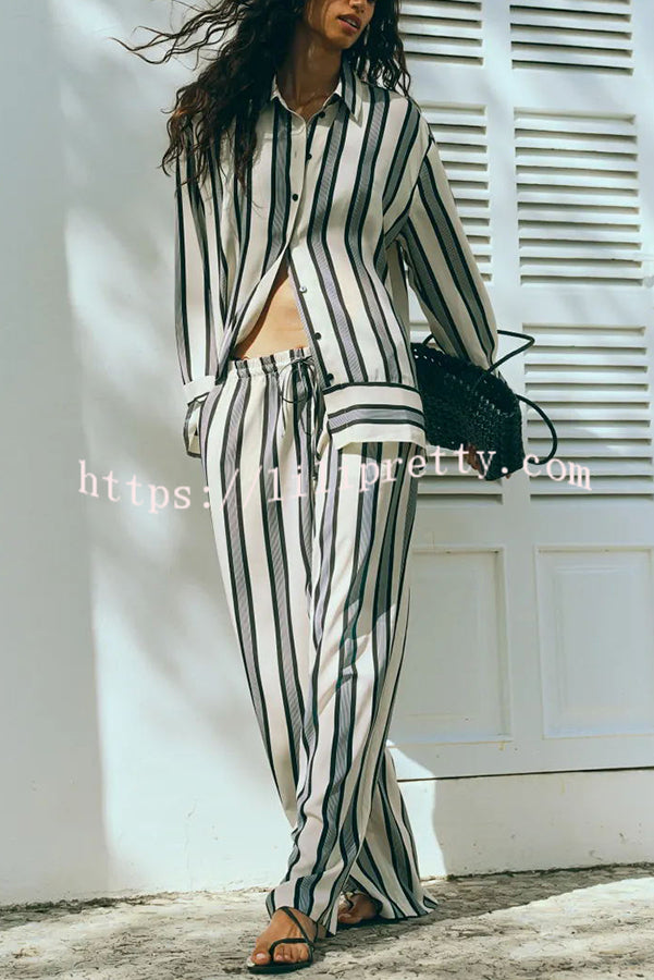 Lifetime of Happiness Striped Long Sleeve Loose Shirt and Elastic Waist Pocket Pants Set