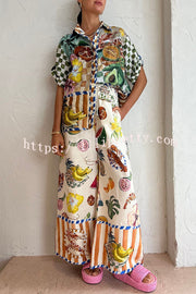 Lilipretty Spicy Lady Linen Blend Tropical Fruit Print Button Down Oversized Blouse