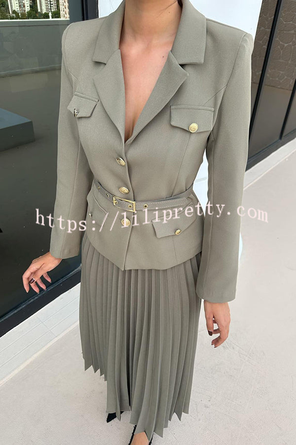 Solid Color Lapel Button Belt Blazer and Pleated Casual Maxi Skirt Set