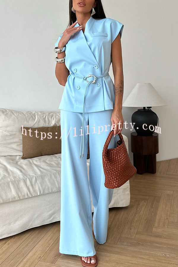 Modern City Double Breasted Belted Wide Short Sleeve Suit and Elastic Waist Loose Pants Set