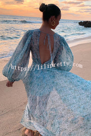 Dreamy Seaside Floral Balloon Sleeve Pleated Lightweight Maxi Dress