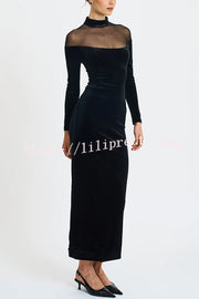 Fashionable Velvet and Mesh Spliced long-sleeved Slim-fit Maxi Dress