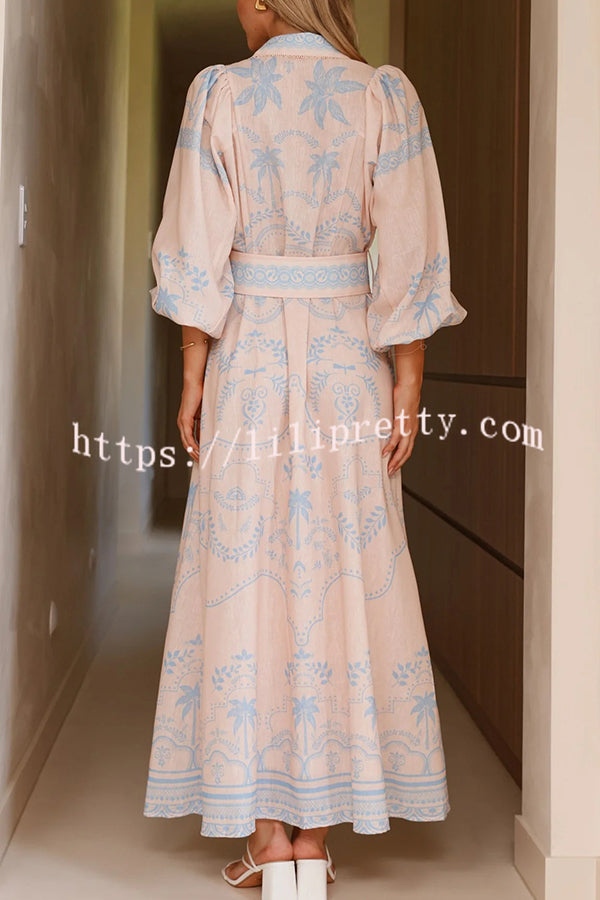 Linen Blend Lapel Puff Sleeve Casual Waist Belted Maxi Dress