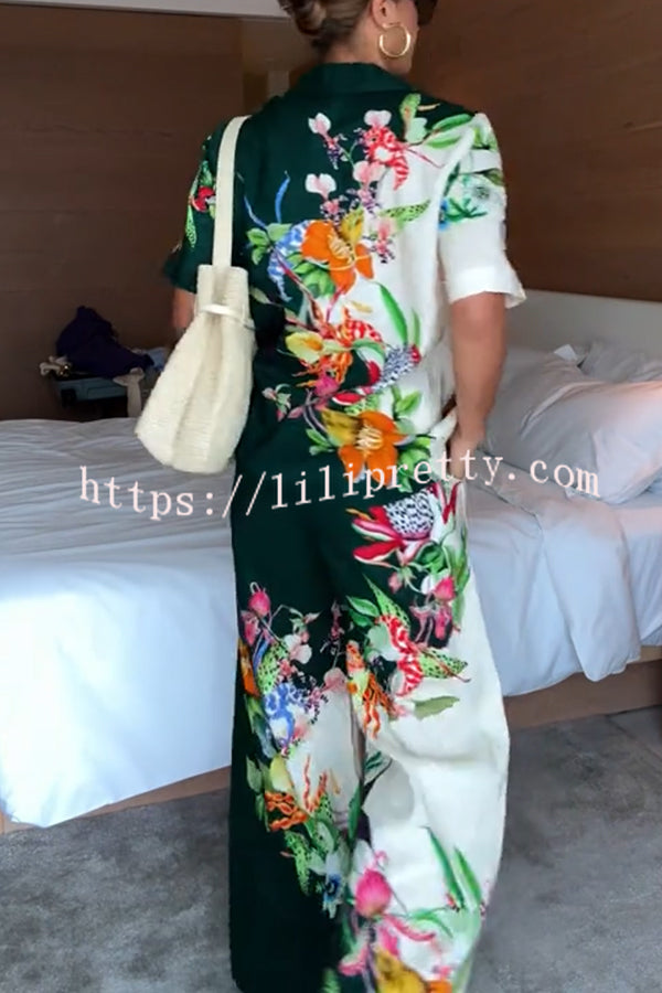 Island Linen Blend Unique Print Short Sleeve Loose Shirt and Elastic Waist Pocket Pants Set