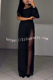 Fashionable Oblique Shoulder One-sleeve Sexy High Slit Slim Jumpsuit