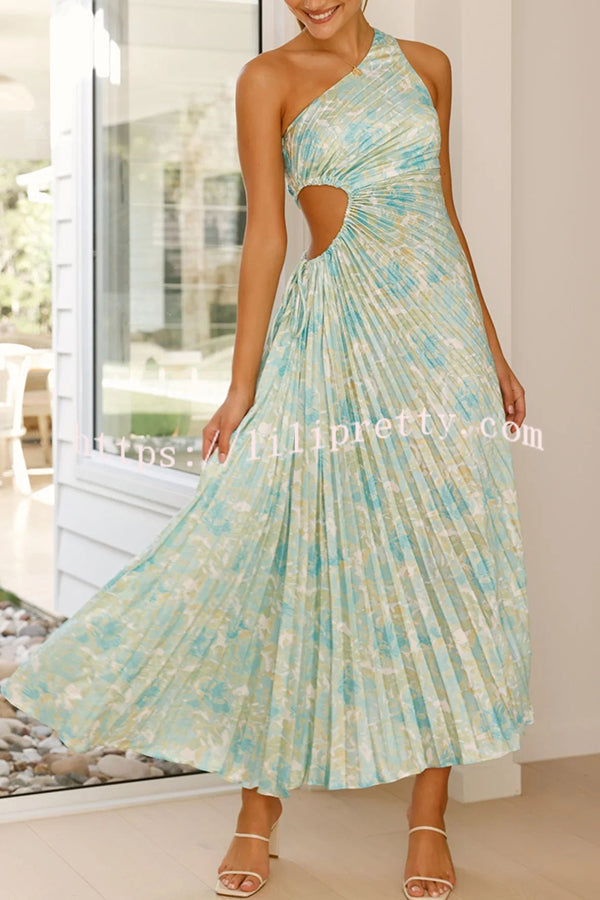 Charming One Shoulder Lace Up Cutout Pleated Maxi Dress