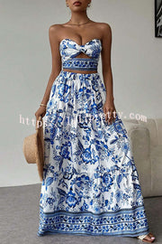 Floral Print Cutout Bandeau Top and Elastic Waist Full Maxi Skirt Set