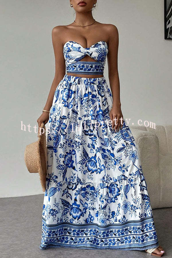 Floral Print Cutout Bandeau Top and Elastic Waist Full Maxi Skirt Set