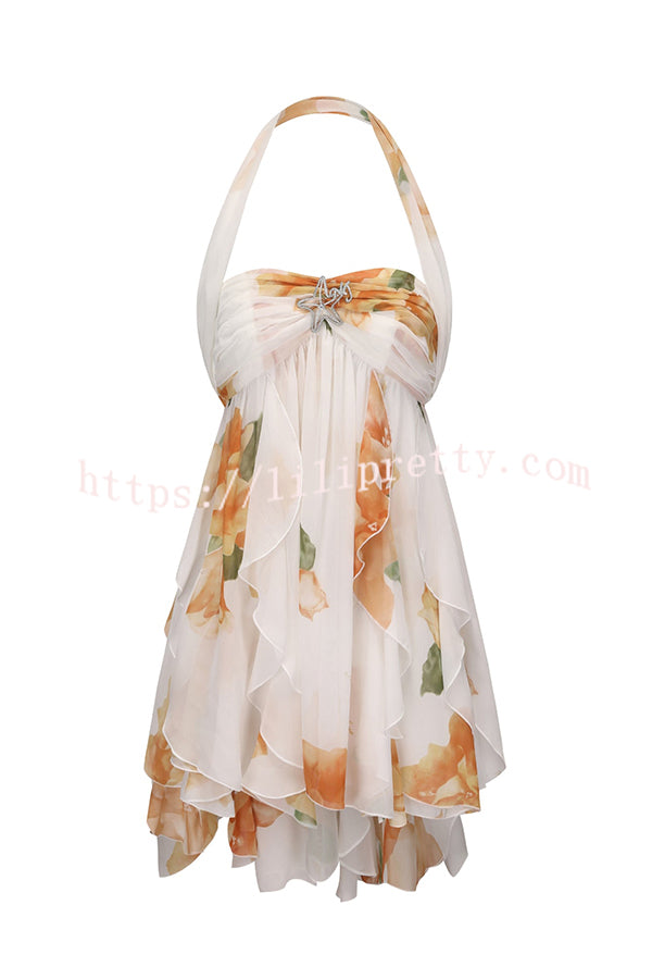 Arabella Floral Print Starfish Brooch Inverted Halter Neck Slit Ruffles Mini Dress