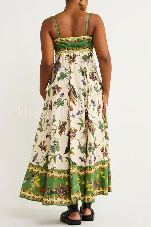 Lilipretty From Sun Drenched Linen Blend Unique Print Smocked Back Pocketed Midi Dress