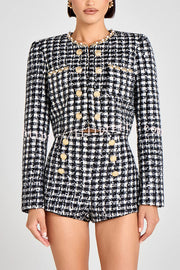 Alex Check Bouclé-tweed Fabric Gold Button High Rise Shorts
