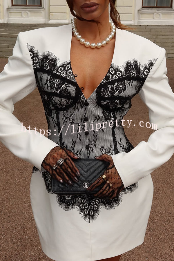 Saela Contrast Lace Corset Design V-neck Long Sleeve Tulip Mini Dress