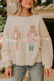 Nutcracker Nights Cross Stitch Knit Long Sleeve Loose Sweater