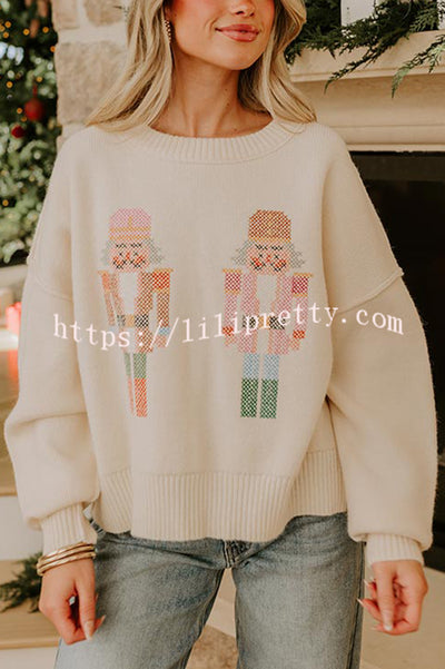 Nutcracker Nights Cross Stitch Knit Long Sleeve Loose Sweater