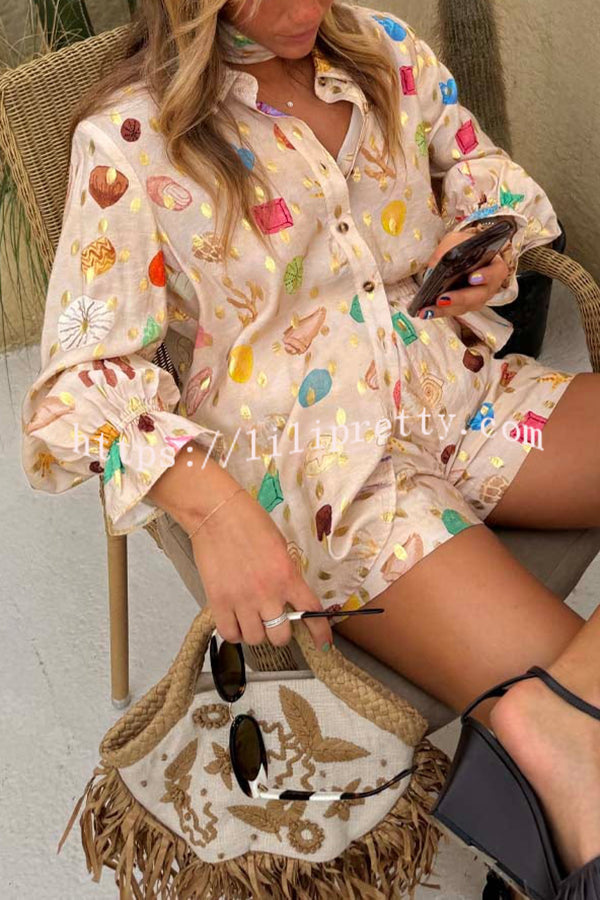 Fashionable Gold Stamping Unique Printing Lapel Long Sleeve Shirt and Elastic Waist Casual Pocket Shorts Set