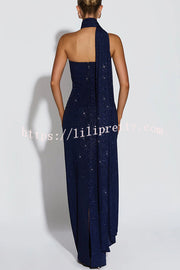 Pandra Glittery Crepe Fabric Off Shoulder Ruched Slit Cape Maxi Dress