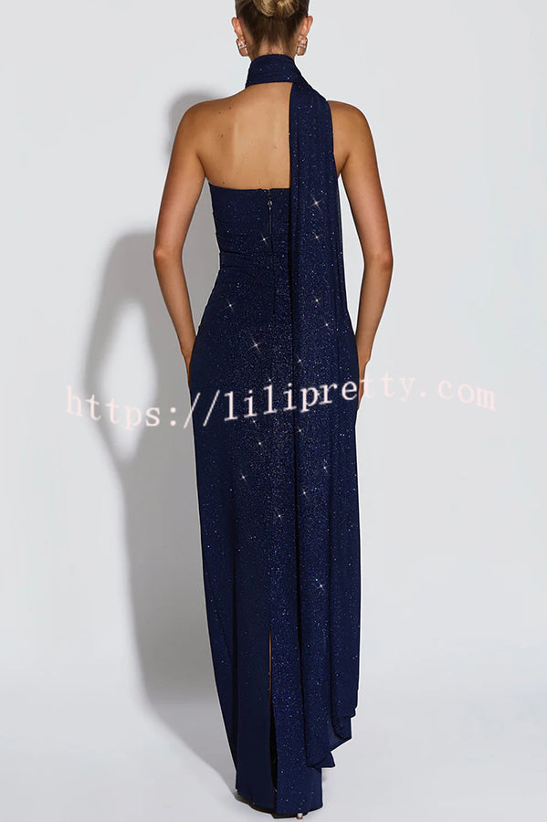 Pandra Glittery Crepe Fabric Off Shoulder Ruched Slit Cape Maxi Dress