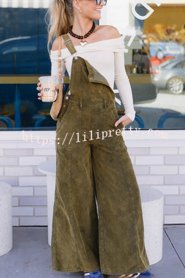 Falling Leaves Corduroy Metal Buckle Pocket Wide Leg Jumpsuit Overalls