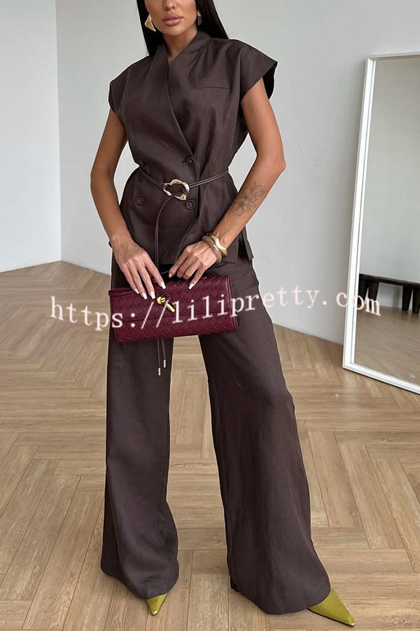 Modern City Double Breasted Belted Wide Short Sleeve Suit and Elastic Waist Loose Pants Set