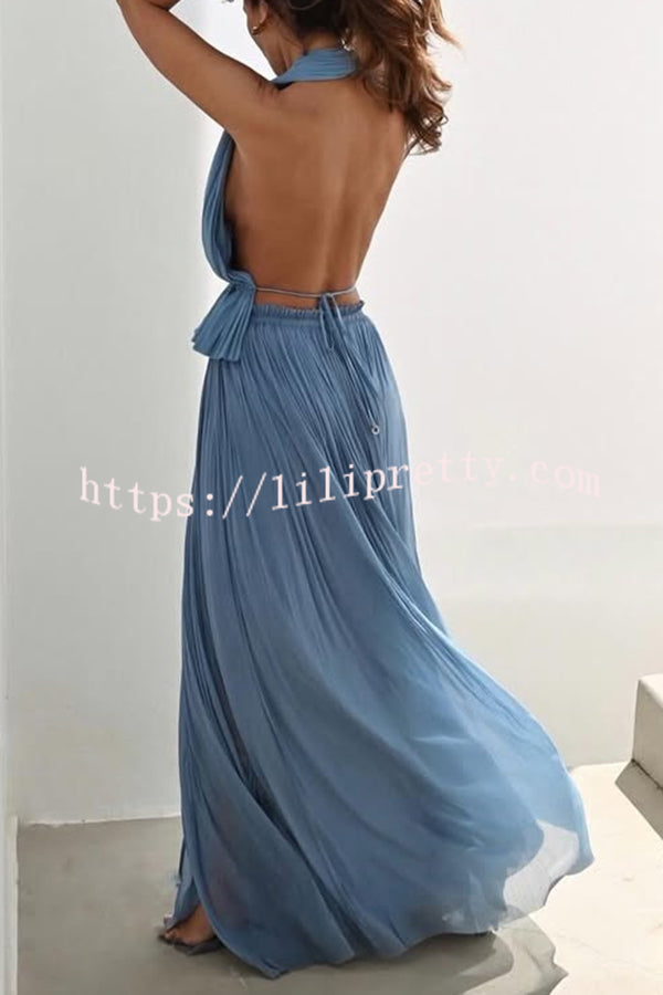 Pure Lightness Chiffon Pleated Halter Backless Top and Elastic Waist A-line Maxi Skirt Set