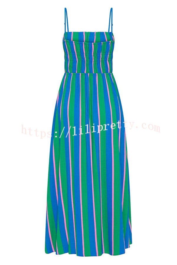 Gigi Linen Blend Stripe Elastic Bodice Pocket Loose Midi Dress