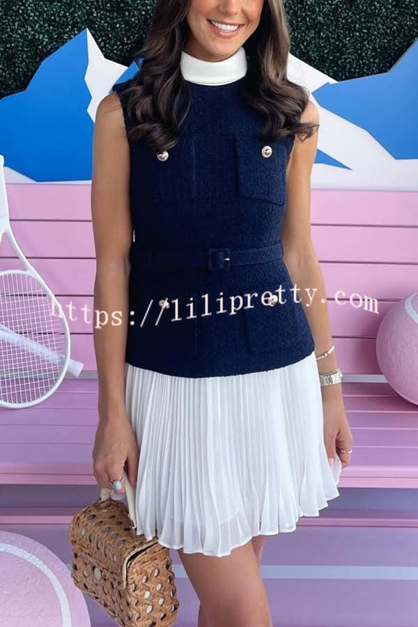 Sporty Elegance Tweed Metal Button Belted Pleated Hem Mini Dress