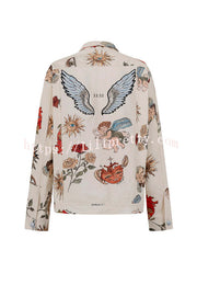 Angel Wings Denim Unique Print Button Up Long Sleeve Pocketed Relaxed Jacket