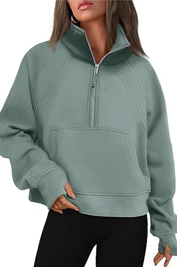 Stylish Patchwork Stand Collar Zippered Loose Pocket Sweatshirt