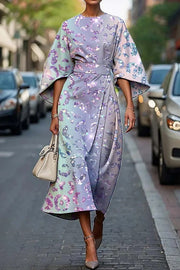 Unique Print Batwing Sleeve Waisted Casual Midi Dress