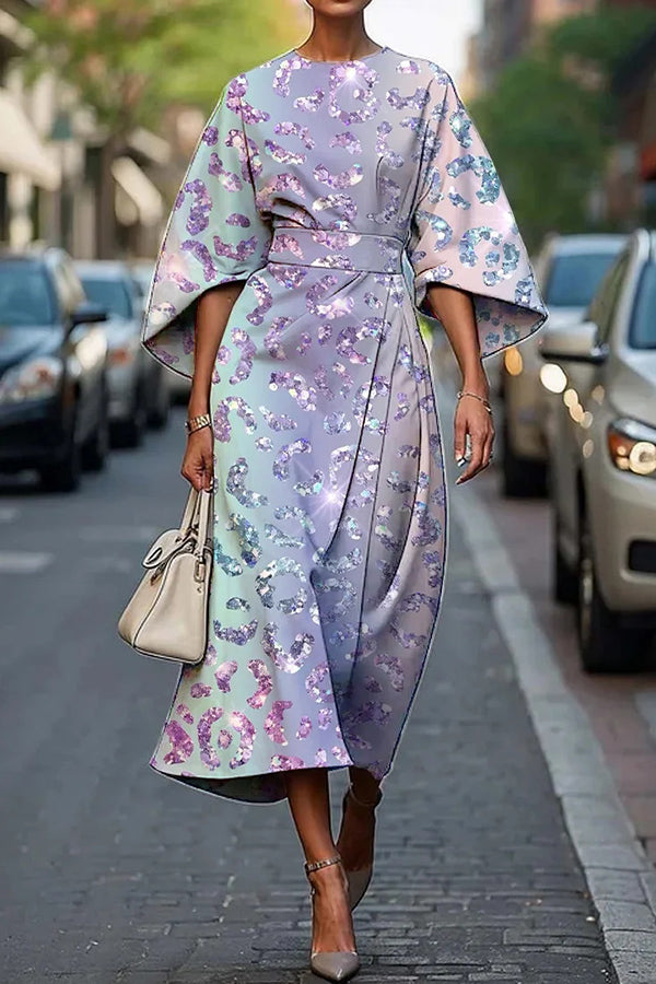 Unique Print Batwing Sleeve Waisted Casual Midi Dress