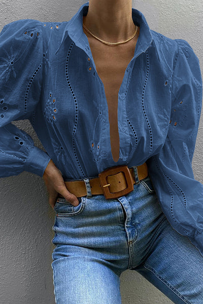 Fashion Hollow Puff Sleeve Casual Lapel Loose Shirt