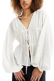 Solid Color V-neck Long-sleeved Tie-up Pleated Loose Top