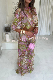 Fashionable Embroidered Flower Sequined Crop Top and Elegant Sheer Maxi Skirt Set
