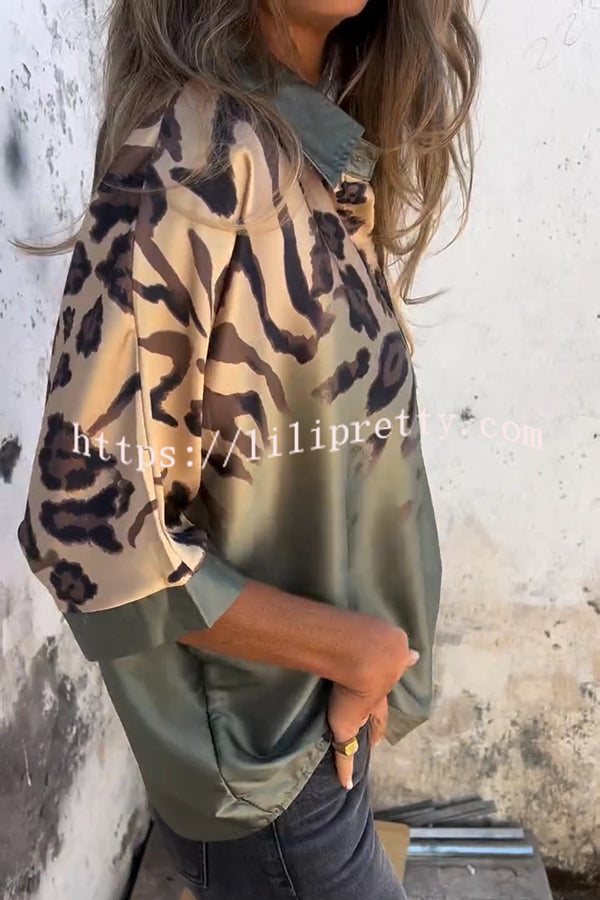 Classic Wild Satin Gradient Leopard Print Loose Short-sleeved Blouse