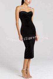 Harley Luxurious Velvet Fabric Jewel-embellished Shoulder Straps Midi Dress