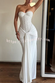 Carina Sequined and Satin Jersey Off Shoulder Ruched Knot Drape Maxi Dress