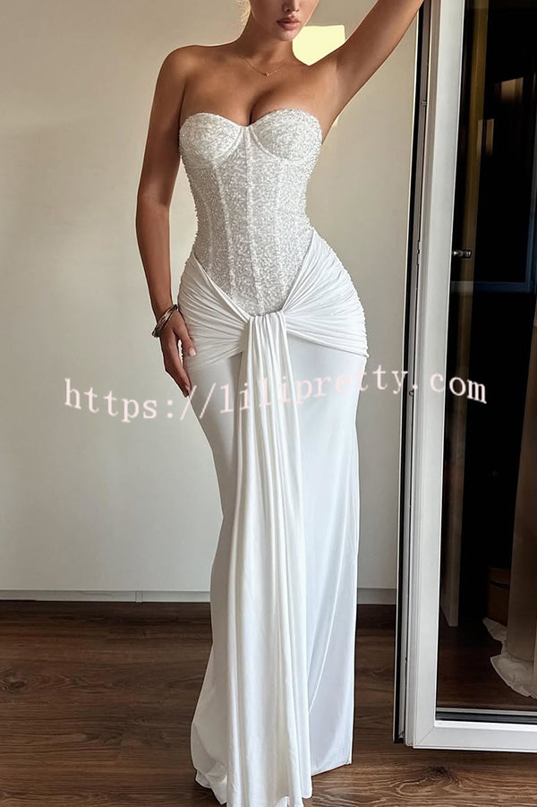 Carina Sequined and Satin Jersey Off Shoulder Ruched Knot Drape Maxi Dress