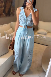 Ferrie Linen Blend Unique Print Tie-up Smocked Vest and High Rise Pocket Loose Pants Set
