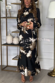 Kona Satin Tie Dye Crew Neck Balloon Sleeve Blouse and High Rise Maxi Skirt Set