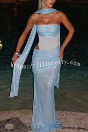 Kailani Sequin Strapless Mesh Cutout Waist Ruched Scarf Maxi Dress