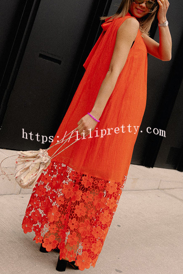 Breezy Comfort Tie-up Neck Sleeveless Floral Lace Hem Maxi Dress