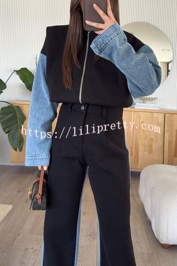 Sports Fashion Denim Patchwork Sweatshirt Fabric High Rise Pocket Loose Pants
