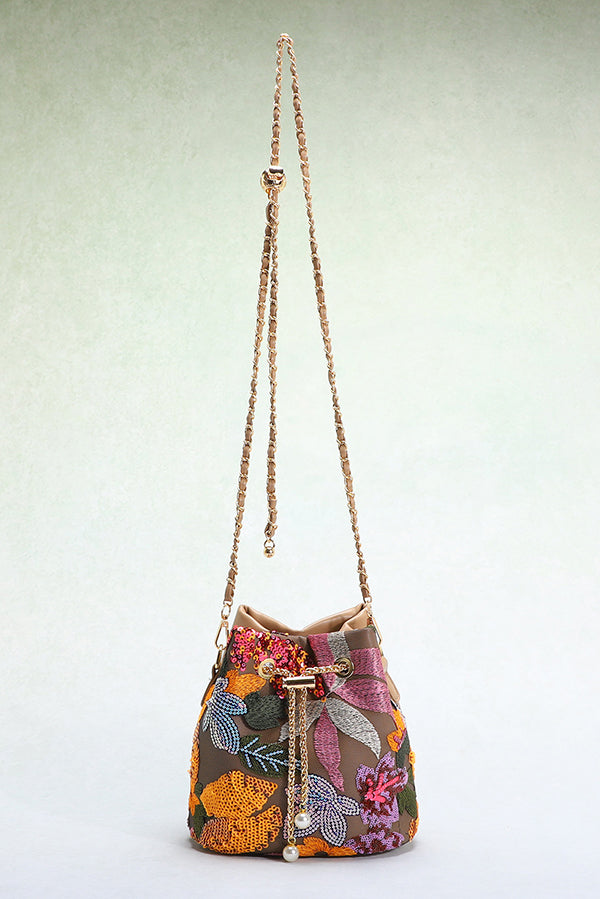 Vintage Leather Embroidered Sequined Floral Chain Bag