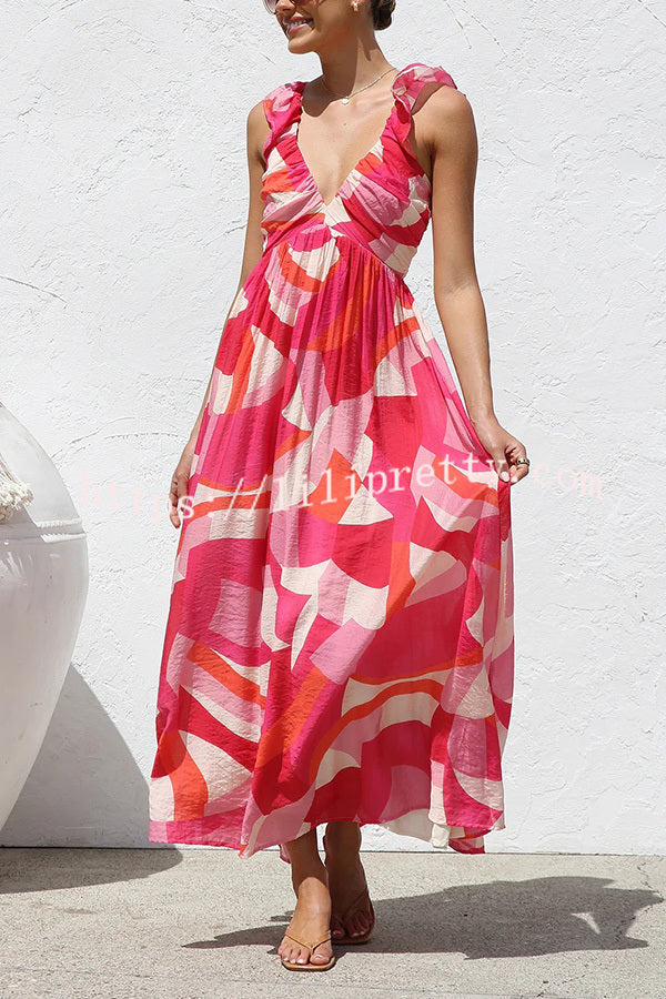 Unique Printed V-neck Ruffled Straps Pleated Back Maxi Dress