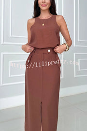 Office Lady Sleeveless Crewneck Top and Metal Button Pocket Slit Midi Skirt Set