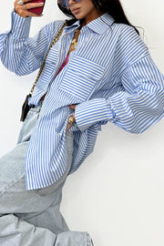 Stripe Print Lapel Long Sleeve Pocket Casual Shirt